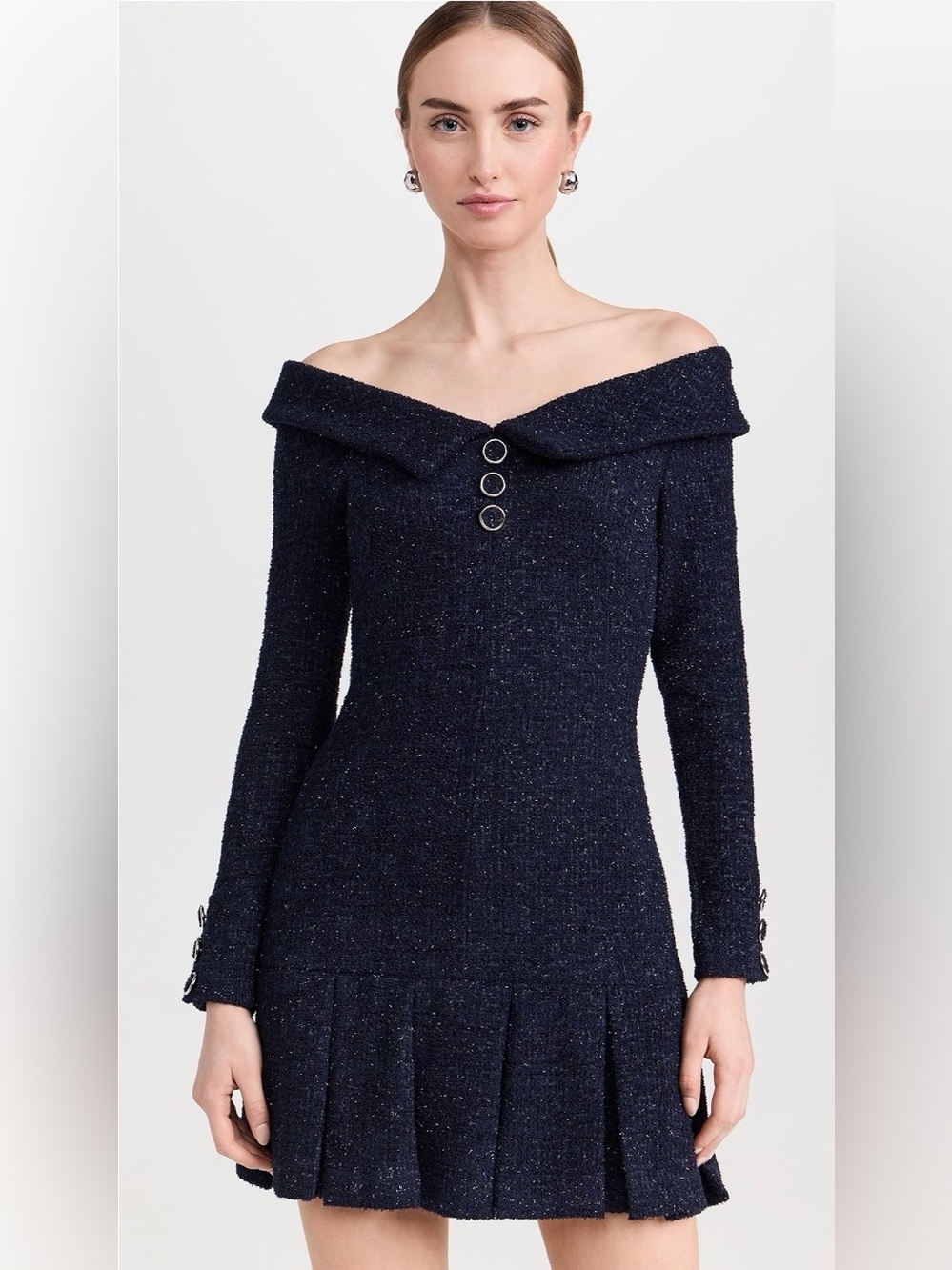 Black Halo Edith Off-the-Shoulder Twilight Tapestry Navy Tweed Mini Dress